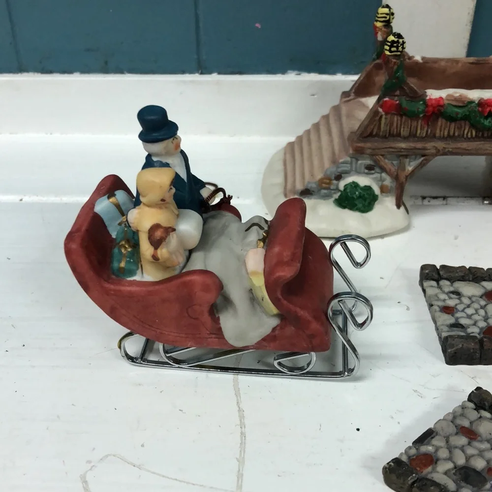 Lot of Christmas village cobblestone road bridge family in slay Lemax father son